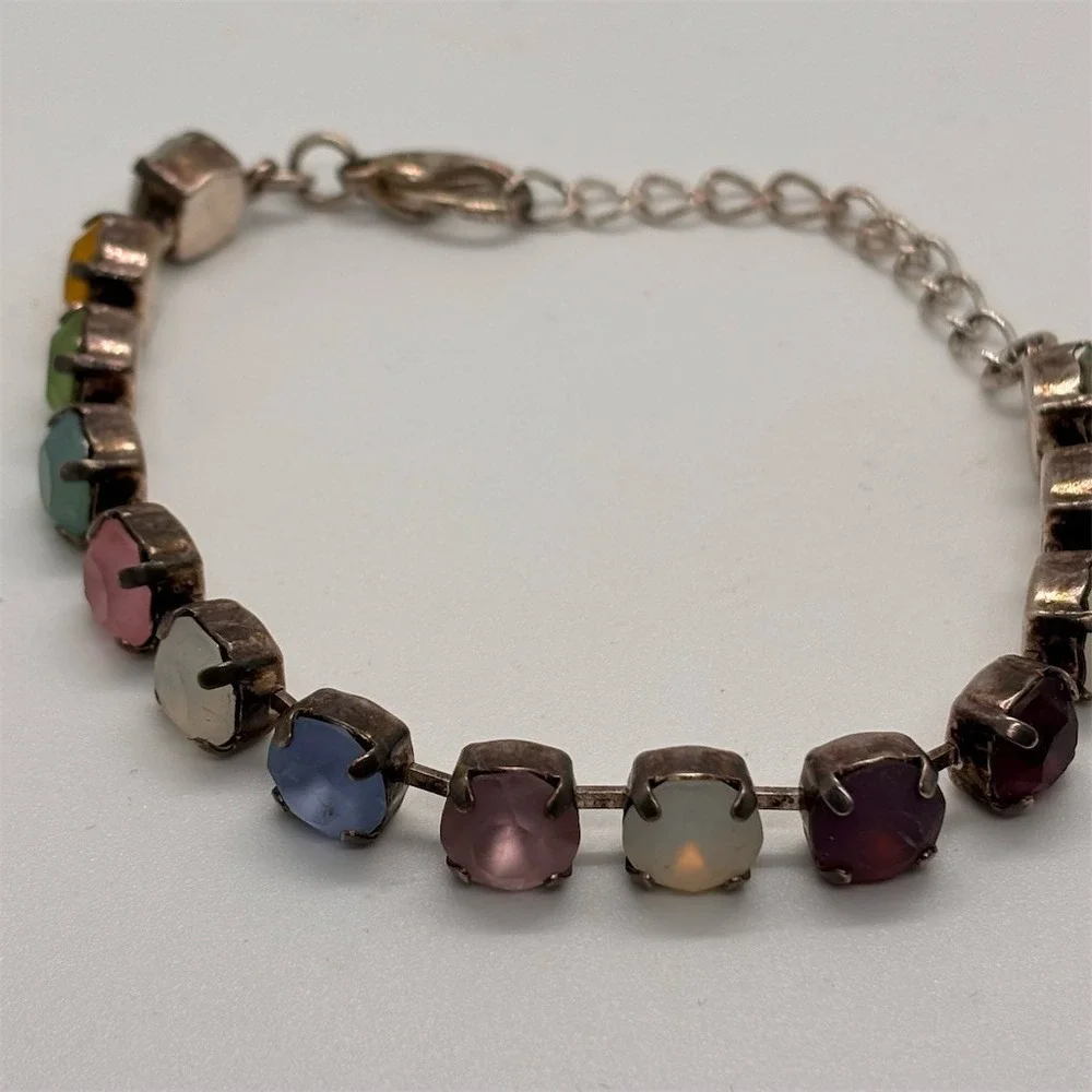 Multicolor Pastel Rhinestone Tennis Link Bracelet Silver‎ Tone 6.5 +